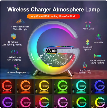 Smart G-Shaped LED Lamp with Bluetooth Speaker & Wireless Charger
